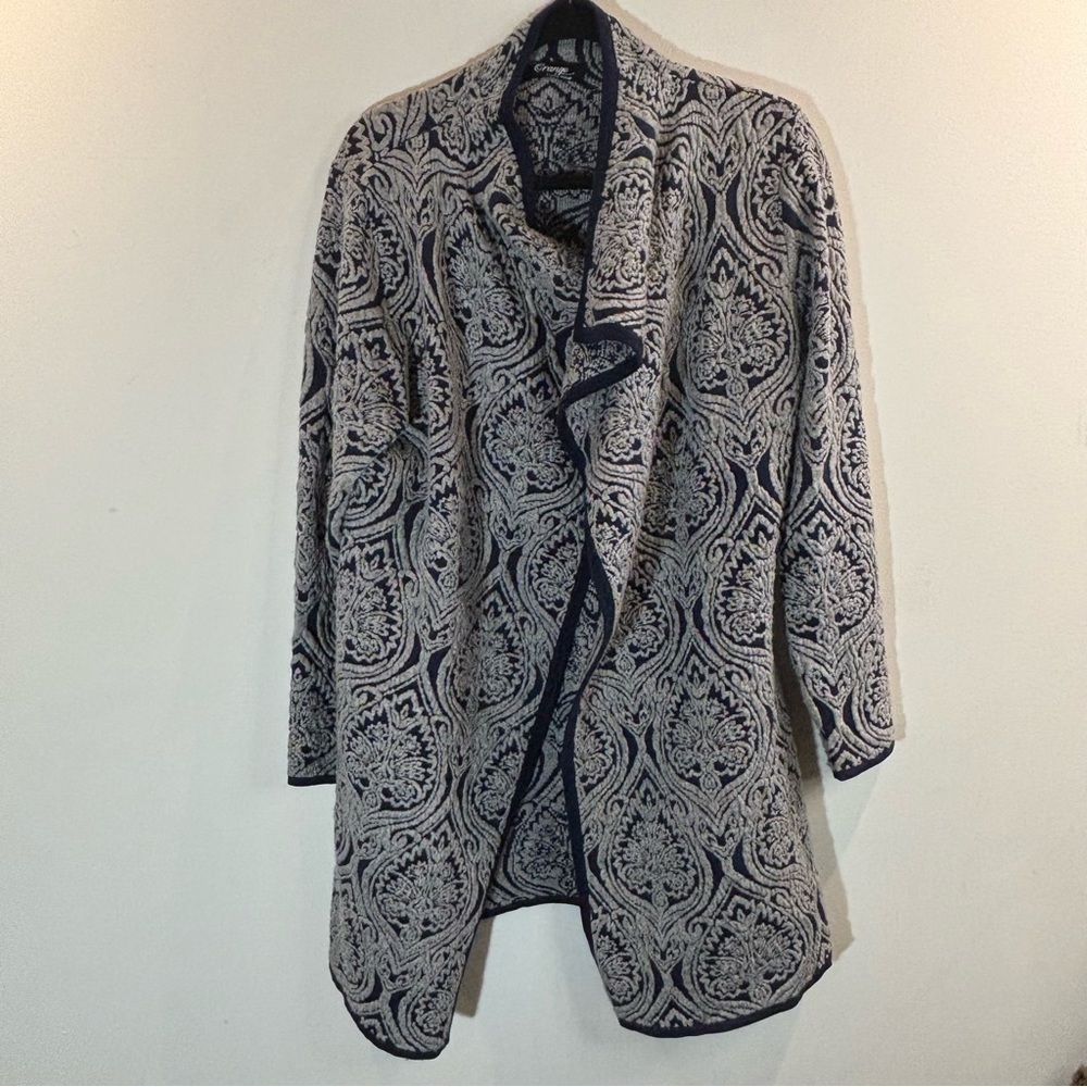 ORANGE Sz L (estimated) Brocade Pattern Cascade Open Front Long Line Cardigan